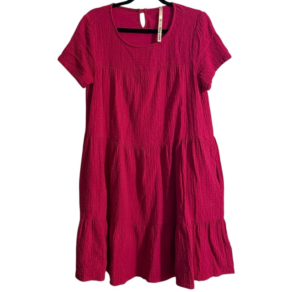 Uncle Frank Magenta Pink Short Sleeve Swiss Dot Tiered Dress with Pockets Small